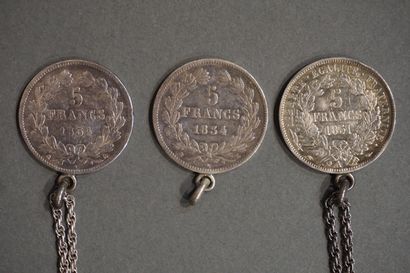 Three French five francs silver coins with...
