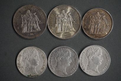 null Six silver coins: two 50 French francs 1974 and 1978, three 5 French francs...
