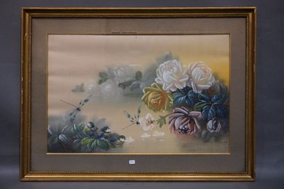 Antonin VIALLE "Roses, mésanges et libellules", peinture sur tissu, sbd, 1923, dédicacé...