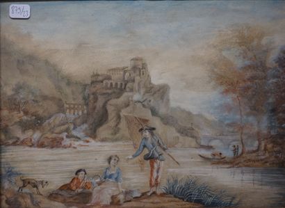 null Ecole XVIIIe : "Couple et pêcheur au bord d'une rivière", gouache. 20x27 cm