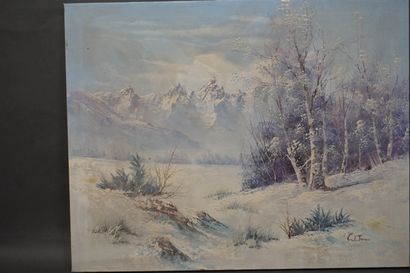 W.JONES "Port" et "Paysage de neige", deux huiles sur toile, sbd. 62x52 cm et 49x62...