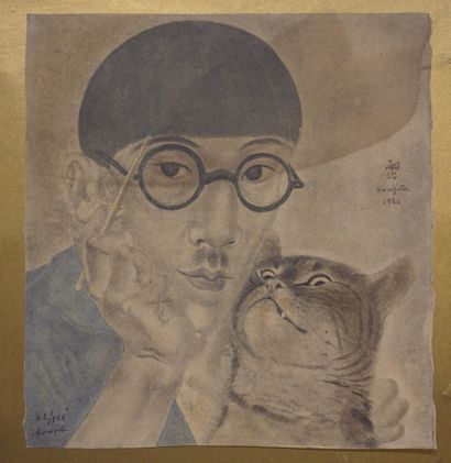 FOUJITA Léonard Tsuguharu (1886-1968) "Autoportrait au chat, 1926", procédé d'estampe,...