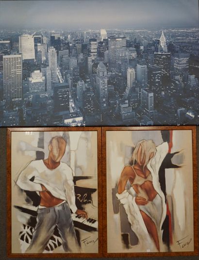 null Trois reproductions: "Elle" et "Lui" d'après Farel et "New-York" (74x116 cm...