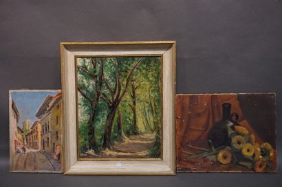 null Trois huiles: "Forêt de Fontainebleau" par Y. Varin (41x33 cm), "Nature morte...