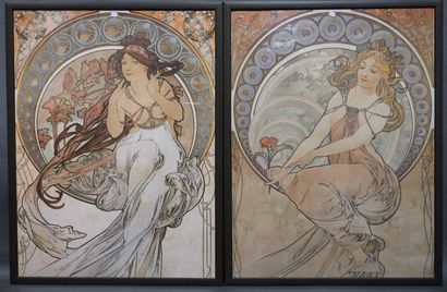 null "Femmes", deux reproductions encadrées d'après Mucha. 83,5x63,5 cm