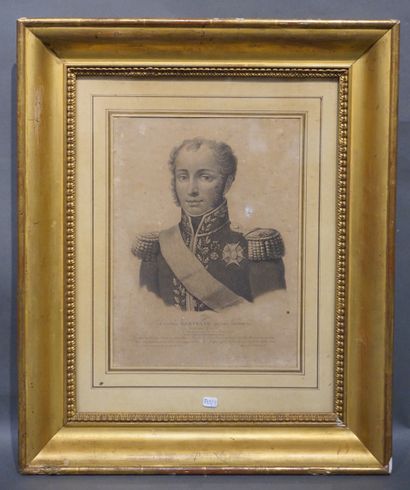 null "Le comte Bertrand (Henri Gratien)", gravure dans son cadre doré (mouillures)....