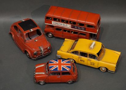 null Three cars and bus (18x33x11 cm) in metal.