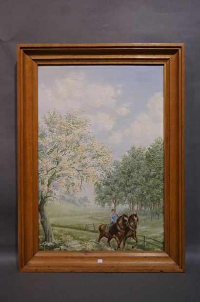 Brunet "Attelage", huile sur toile, sbg, daté 1950. 74x52 cm