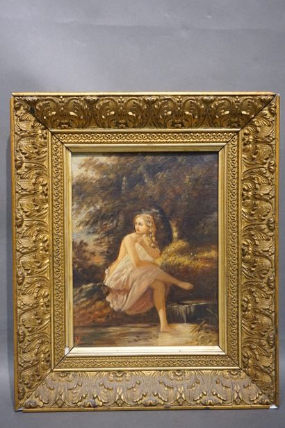 null "Femme au bain", huile sur toile, monogrammé EVE. 24,5x19 cm