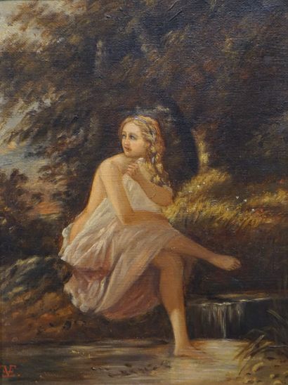 null "Femme au bain", huile sur toile, monogrammé EVE. 24,5x19 cm