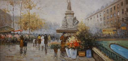 B. OWEN "Marché aux fleurs sur une place", huile sur panneau, sbg. 19,5x40 cm