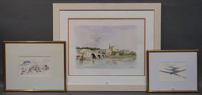 null Trois pièces encadrées: "Pont d'Avignon", aquarelle par M. Planche, daté 91...