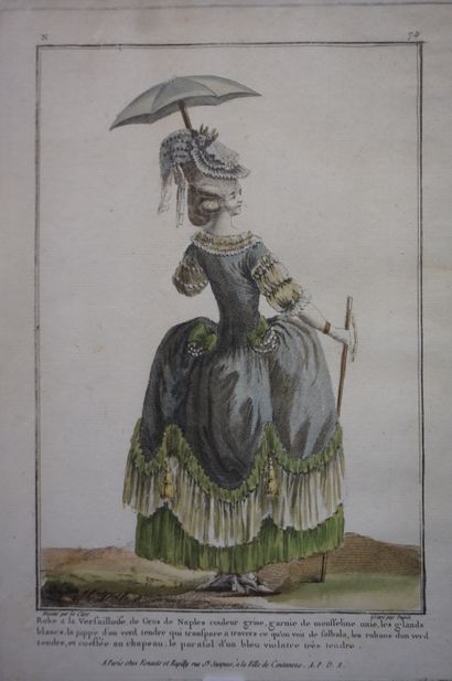 null Paire de gravures: "Habit de bal" et "Robe à la Verfailloife". 30x21 cm