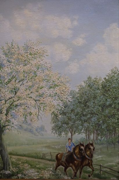 Brunet "Attelage", huile sur toile, sbg, daté 1950. 74x52 cm