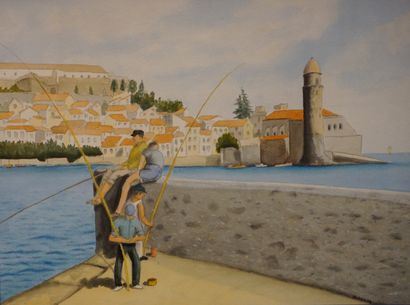 Michel MOTTIER "Pêcheurs sur le port de Collioure", aquarelle, sbd, daté 98. 27x36...