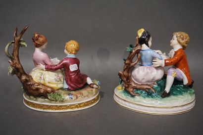 null Deux groupes en porcelaine polychrome allemande ou italienne: "Couples d'enfants"...