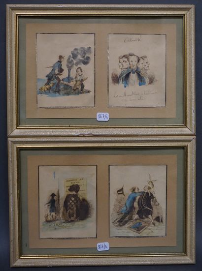 null Ecole XIXe, quatre dessins à l'encre aquarellé: "Caricatures". Dans deux cadres....