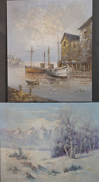W.JONES "Port" et "Paysage de neige", deux huiles sur toile, sbd. 62x52 cm et 49x62...