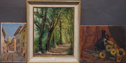null Trois huiles: "Forêt de Fontainebleau" par Y. Varin (41x33 cm), "Nature morte...