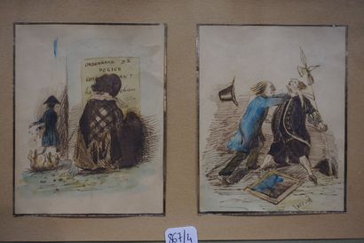 null Ecole XIXe, quatre dessins à l'encre aquarellé: "Caricatures". Dans deux cadres....
