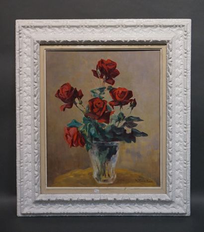 Marguerite FOURRIER-RICOUX (XXe) "Bouquet de roses rouges", huile sur isorel, sbd....