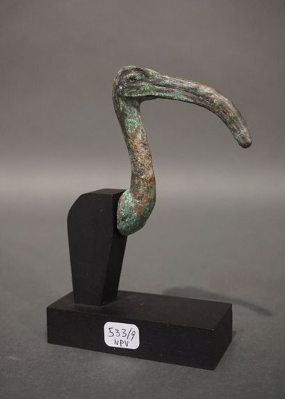 null Tête de Thot sous la forme d'ibis. Bronze à patine verte lisse. Egypte, Basse...