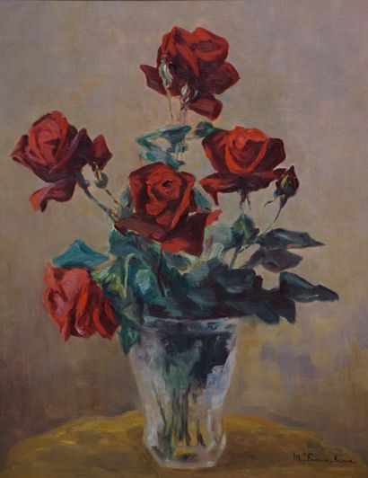 Marguerite FOURRIER-RICOUX (XXe) "Bouquet de roses rouges", huile sur isorel, sbd....
