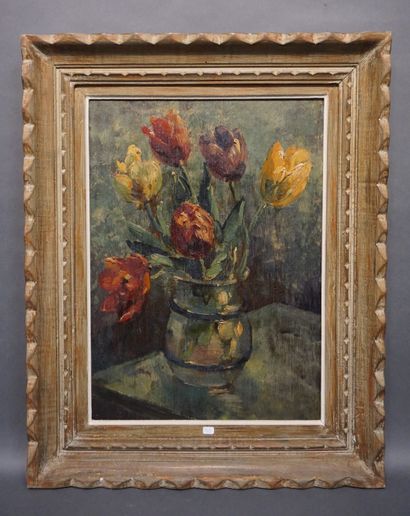 null Ecole XXe: "Bouquet de tulipes", huile sur panneau de bois. 55x40 cm