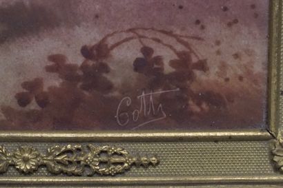 Gotti Plateau en bronze et plaque en porcelaine à décor de couple signé Gotti. Style...