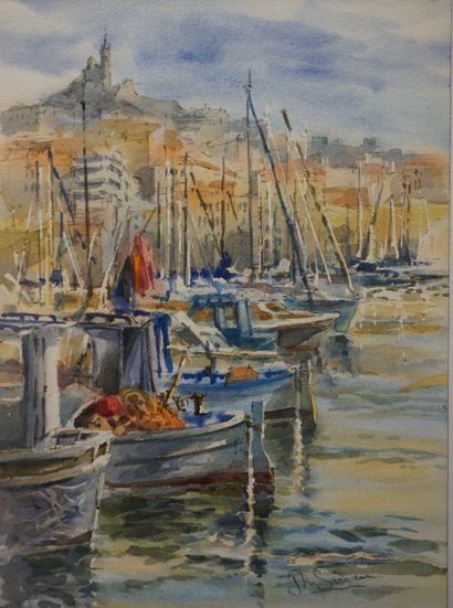 null Deux aquarelles: "Salon de Provence" et "Vieux port de Marseille". 36x26 cm