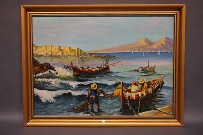DUCROCQ "Barque de pêcheurs", huile sur panneau, sbd, daté 57. 52x72 cm