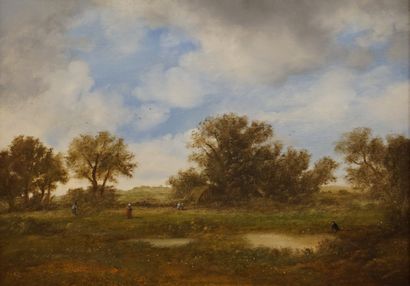 G. ROUX "Paysage aux étangs", huile sur toile, sbg. 33x46 cm
