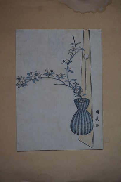 Estampe Japonaise Estampe japonaise: "Panier de fleurs". Annoté "Kuninagi vers 1850"....