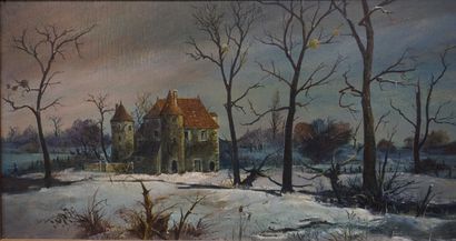 Pierre DANCETTE (1928) "Château sous la neige", huile sur panneau, sbg, daté 70....