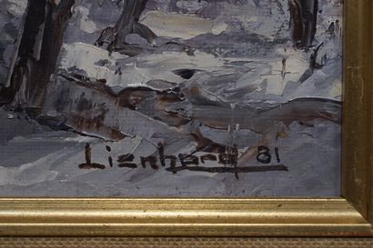 LIENHARD "Neige en Provence", huile sur toile, sbd, daté 1981. 24x33 cm