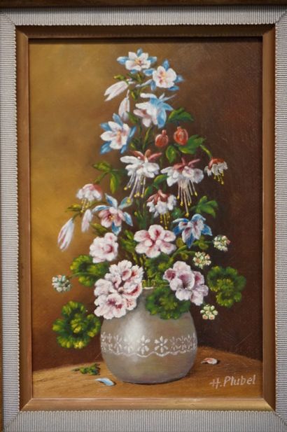 H. PLUBEL Deux huiles sur toile: "Crépuscule sur le Jura" (27x19,5 cm) et "Bouquet"...