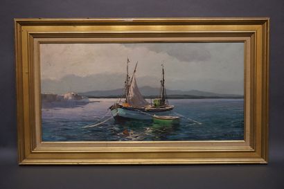 KARINE "Bateau de pêche", huile sur toile, sbd. 40x81 cm