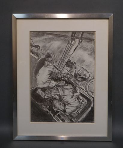 GUILLOTIN "Marins", fusain, sbd, daté 75. 44x31 cm