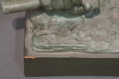 OULINE "Buste d'homme au bâton", terre cuite à patine verte. 35x55x17 cm