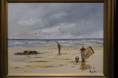 D. LAGADIC Deux huiles sur toile: "Plage" et "Voilier". 27x35 cm