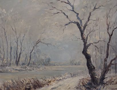 Noël PICHOT (XIX°) "Rives enneigées", huile sur isorel, sbd. 38x46 cm