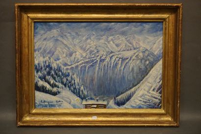 Raymonde BOUQUET-GALLIEN "L'Alpe d'Huez", huile sur toile, sbg, daté 1975. 38x55...