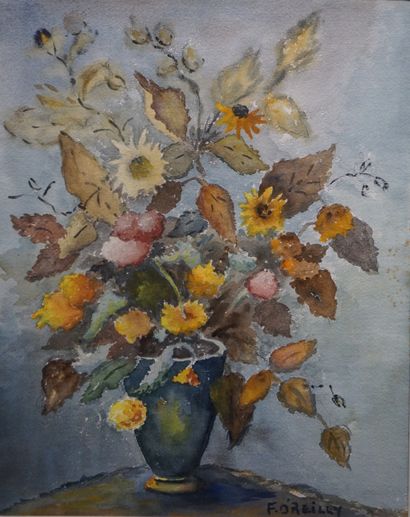 F. O'REILLY Deux aquarelles: "Bouquet" (40x31 cm) et "Pont" (9,5x13 cm)