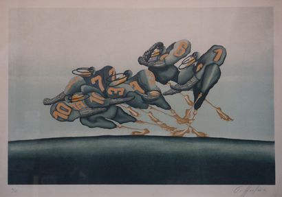 HOULIERE "Joueurs de football américain", lithographie 22/175, sbd. 49x71 cm