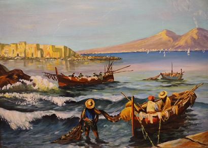 DUCROCQ "Barque de pêcheurs", huile sur panneau, sbd, daté 57. 52x72 cm