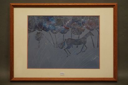 C. BERNIER "Cheval bleu", aquarelle, sbd. 22x30 cm