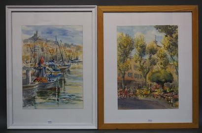 null Deux aquarelles: "Salon de Provence" et "Vieux port de Marseille". 36x26 cm