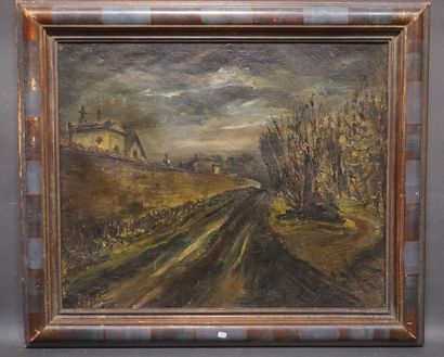 Désiré DOT-LEWIS (XX°) "Chemin au cimetière", huile sur toile, sbg, daté 39 (enfoncement)....