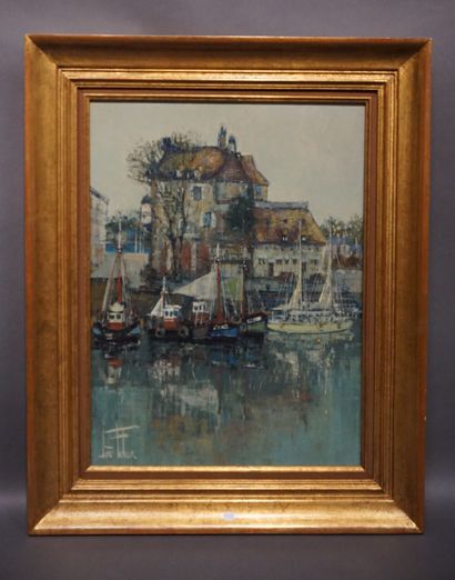 Joë LE FUR (1920-2001) "Port de Honfleur", huile sur toile. 61x46 cm