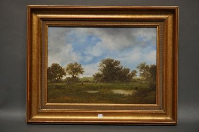 G. ROUX "Paysage aux étangs", huile sur toile, sbg. 33x46 cm